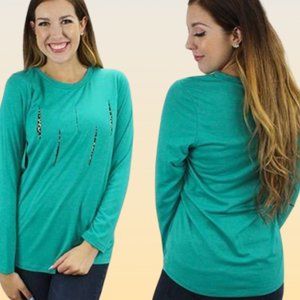 LONG SLEEVE TOP W/LEOPARD CUT SLITS, SMALL,   NWT
